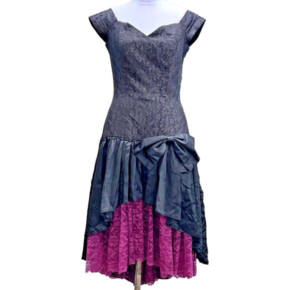 Vintage Dresses & Skirts - Vintage 80s Custom Purple Black Drop Waisted Corset Dress Size M